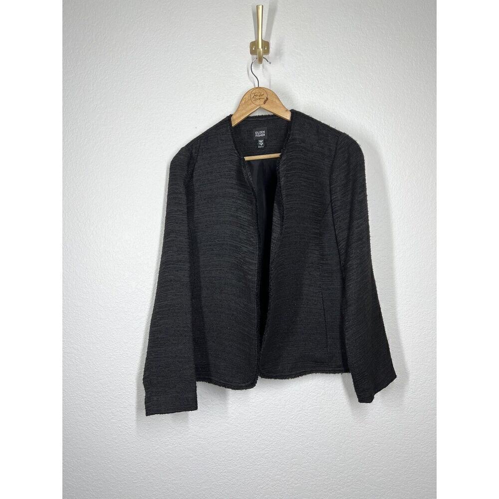 Eileen Fisher Black Tweed Blazer Jacket Small S Metallic Fringe Knit Open